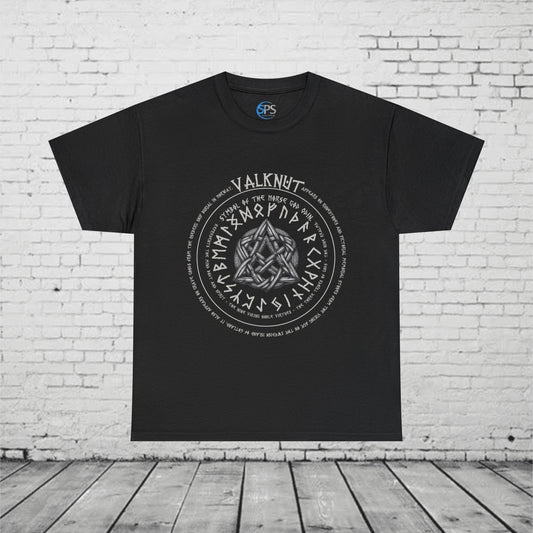 Valknut Norse Mythology T-Shirt - Odin Symbol, Viking Rune Circle, Nine Realms, Pagan Nordic Symbol, Ancient Viking Design Heavy Cotton Tee