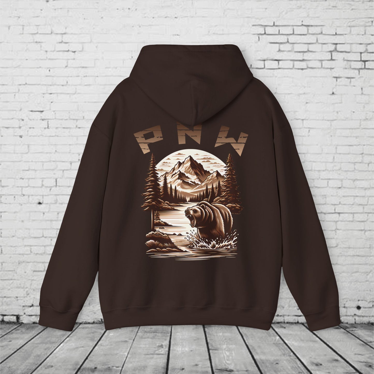 PNW Bear Hoodie – Pacific Northwest Mountain Wilderness Sweatshirt, Unisex Heavy Blend