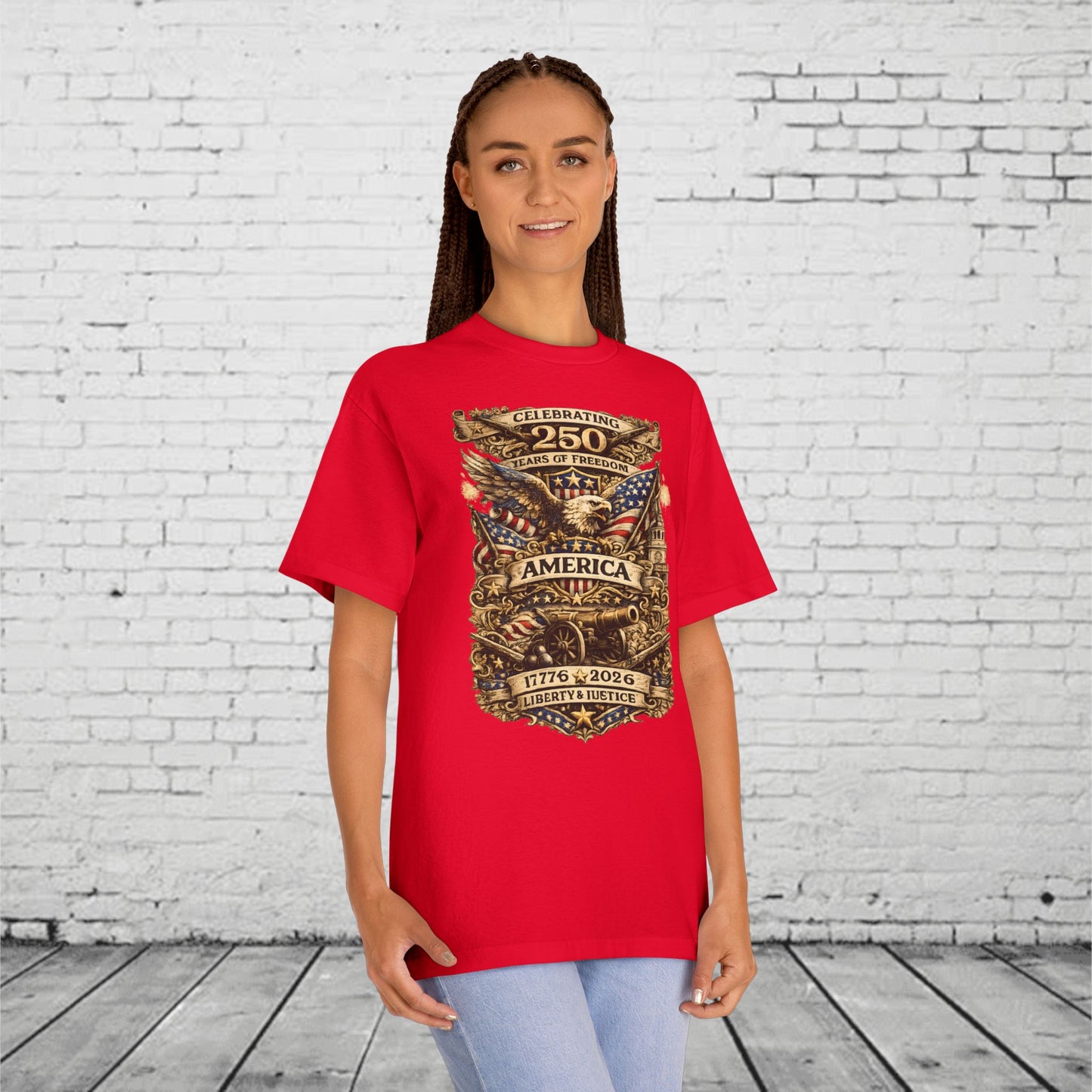 America 250 Years of Freedom Patriotic T-Shirt | 1776–2026 Semiquincentennial Eagle, Flag & Cannon Tee | Liberty & Justice Unisex Shirt