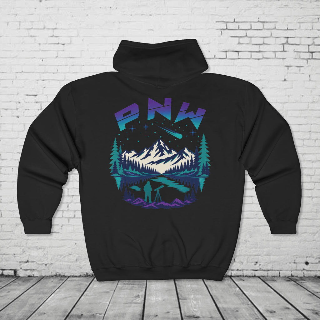 PNW Stargazer Full-Zip Hoodie – Pacific Northwest Mountain Night Sky Adventure Sweatshirt
