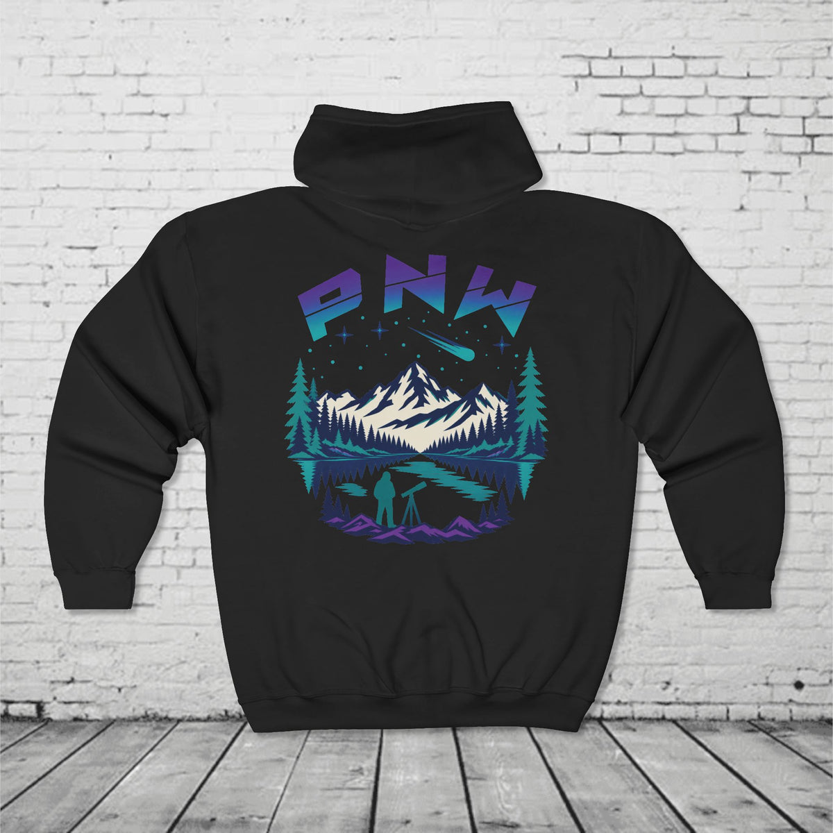 PNW Stargazer Full-Zip Hoodie – Pacific Northwest Mountain Night Sky Adventure Sweatshirt
