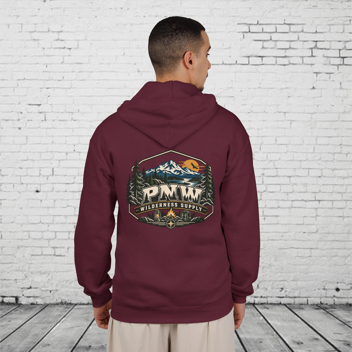 PNW Wilderness Supply Full-Zip Hoodie – Pacific Northwest Outdoor Adventure Back Graphic