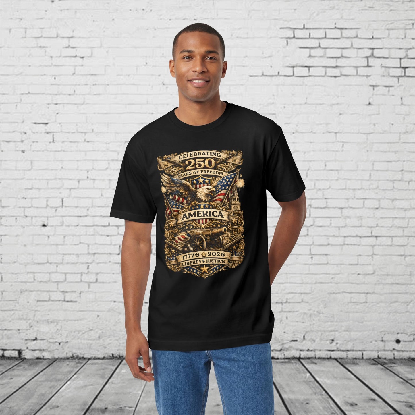 America 250 Years of Freedom Patriotic T-Shirt | 1776–2026 Semiquincentennial Eagle, Flag & Cannon Tee | Liberty & Justice Unisex Shirt