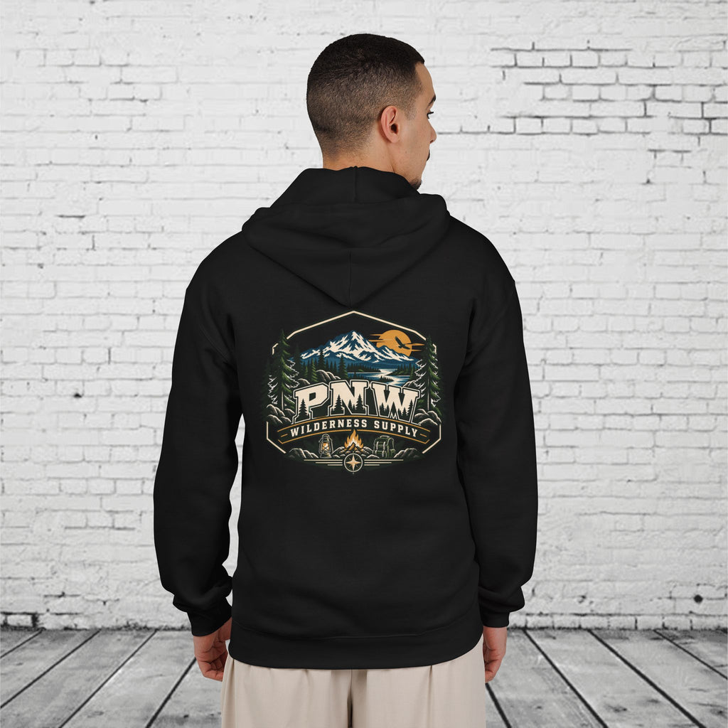 PNW Wilderness Supply Full-Zip Hoodie – Pacific Northwest Outdoor Adventure Back Graphic