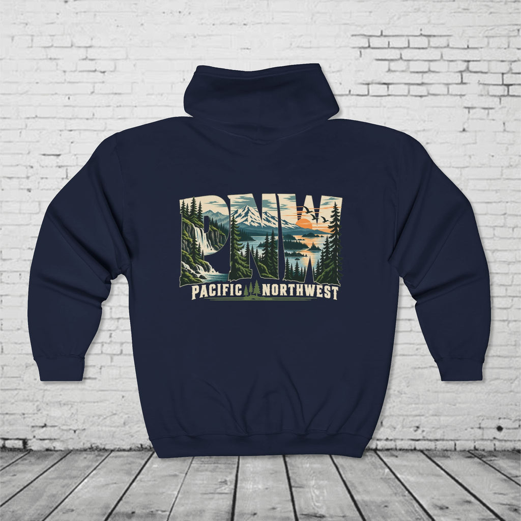 PNW Pacific Northwest Scenic Full-Zip Hoodie – Mountain Forest Waterfall Back Graphic