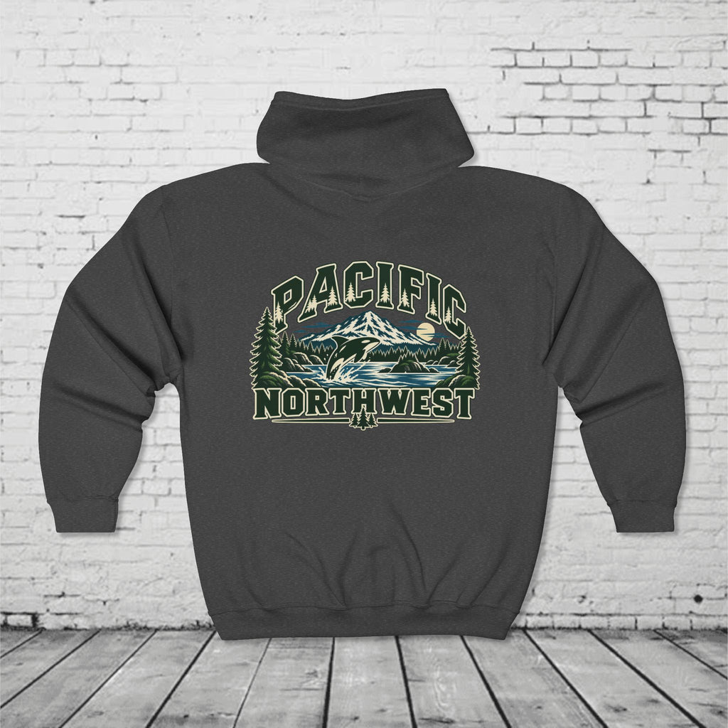 Wild Pacific Orca Full-Zip Hoodie – Pacific Northwest Mountain & Ocean Back Graphic