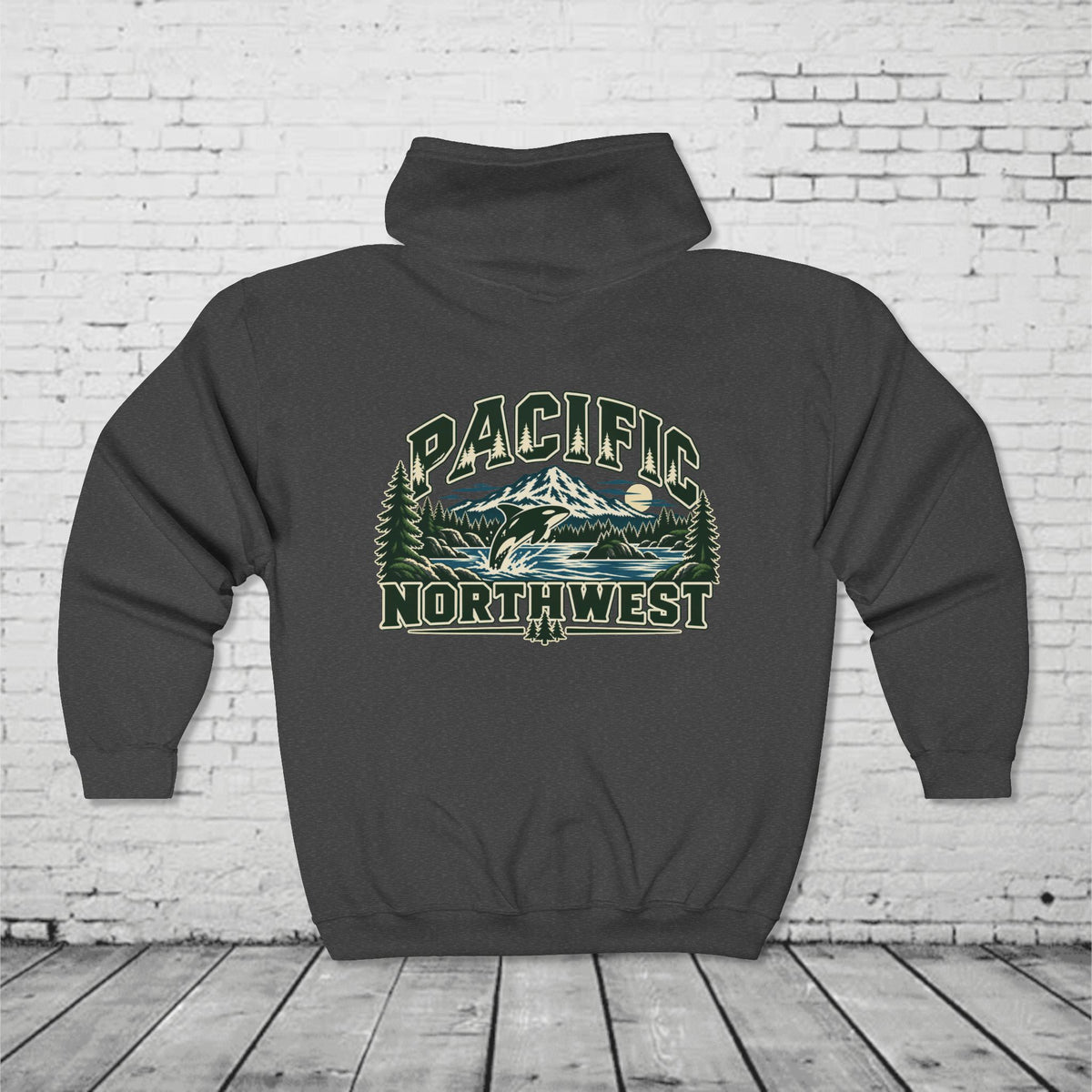 Wild Pacific Orca Full-Zip Hoodie – Pacific Northwest Mountain & Ocean Back Graphic