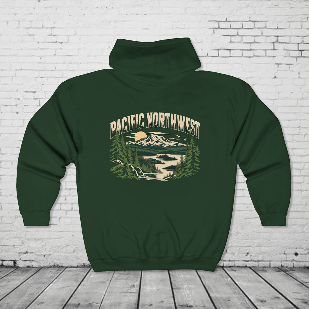 Pacific Northwest Mountain Lake Full-Zip Hoodie – PNW Evergreen Outdoor Back Graphic