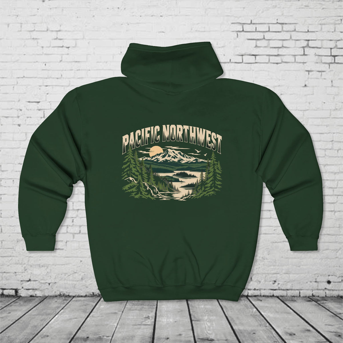 Pacific Northwest Mountain Lake Full-Zip Hoodie – PNW Evergreen Outdoor Back Graphic