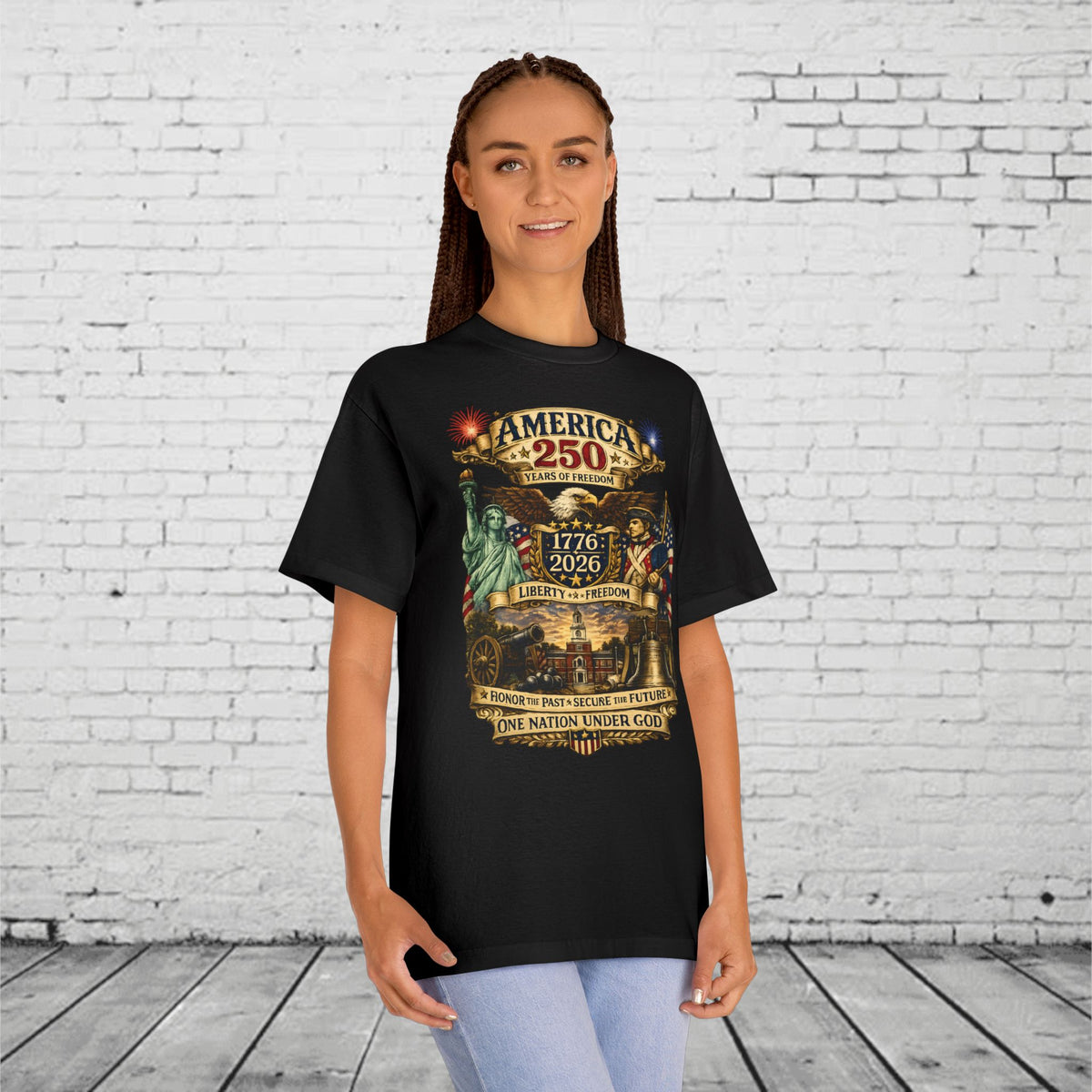 America 250 Patriotic T-Shirt | 1776–2026 Eagle, Revolutionary Soldier & Statue of Liberty Tee | One Nation Under God Semiquincentennial Unisex Shirt
