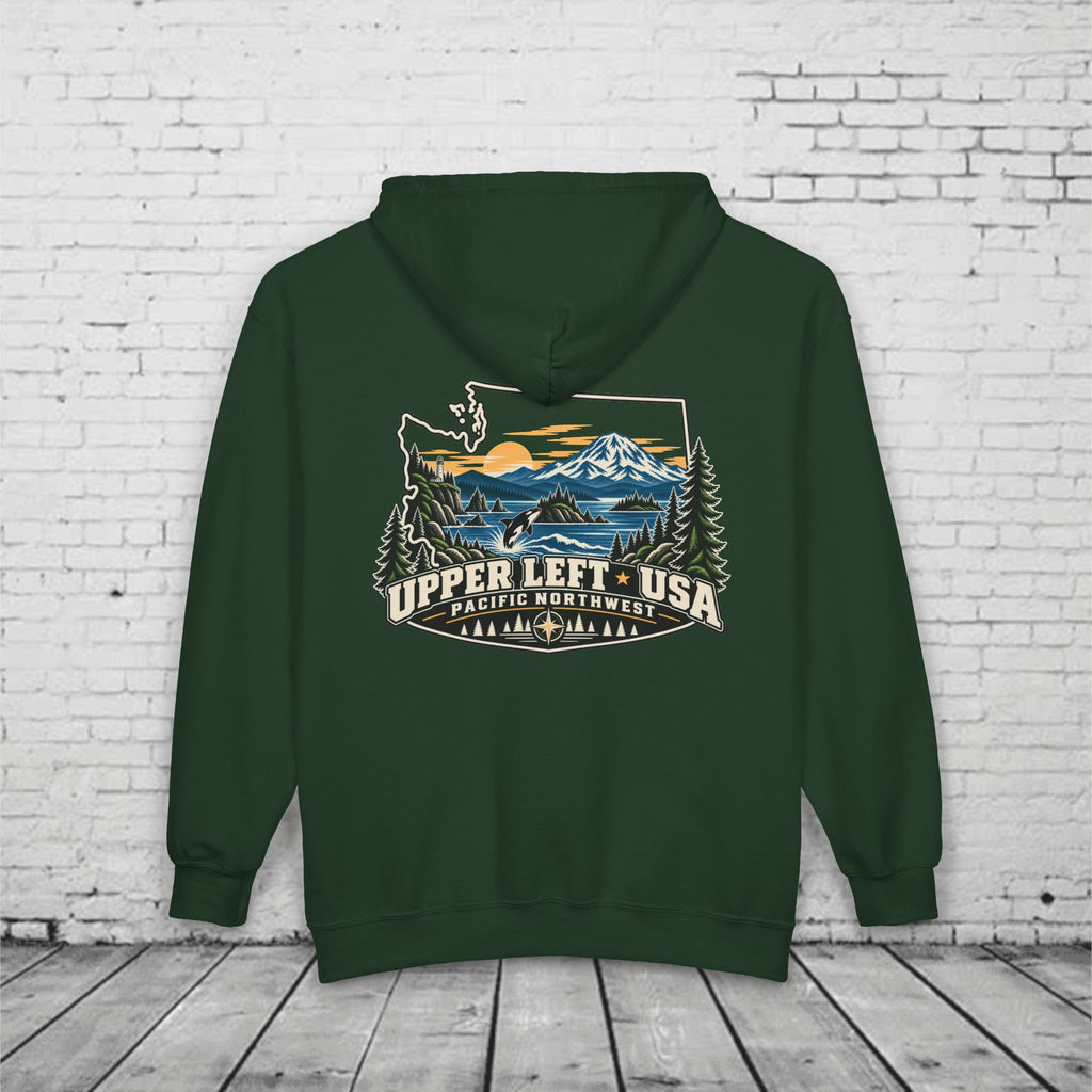 Upper Left USA Full-Zip Hoodie – Pacific Northwest Orca & Mountain Back Graphic