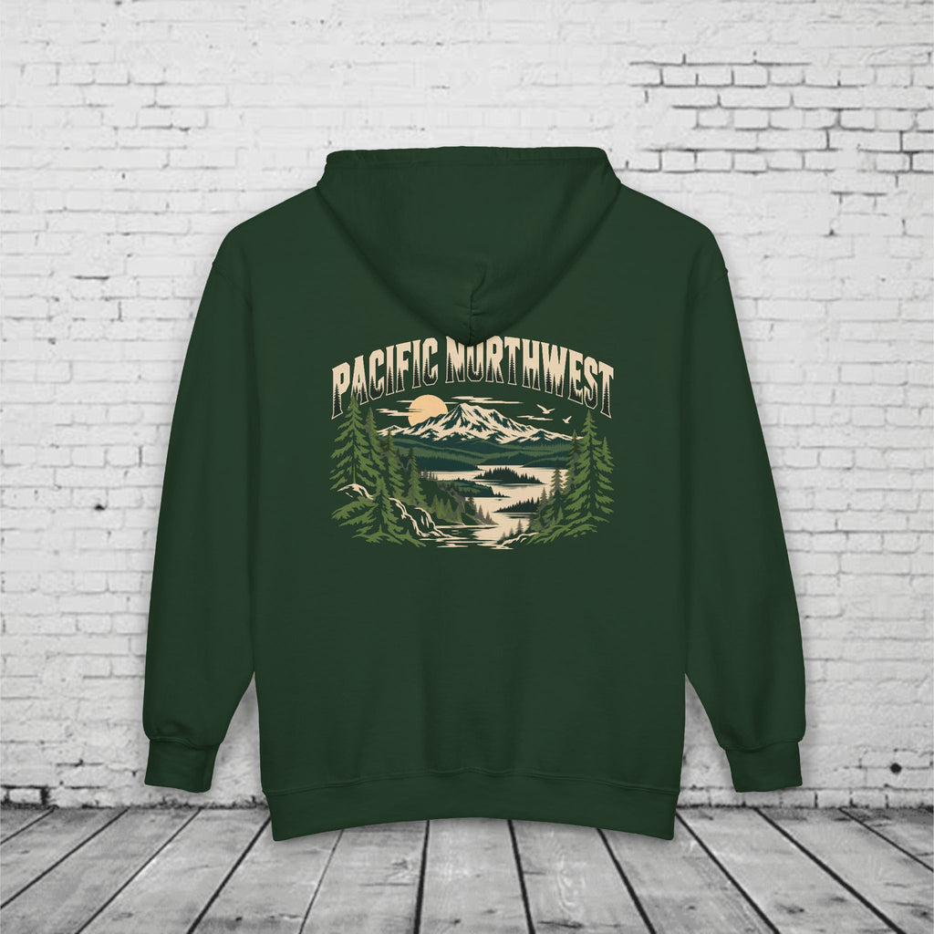 Pacific Northwest Mountain Lake Full-Zip Hoodie – PNW Evergreen Outdoor Back Graphic