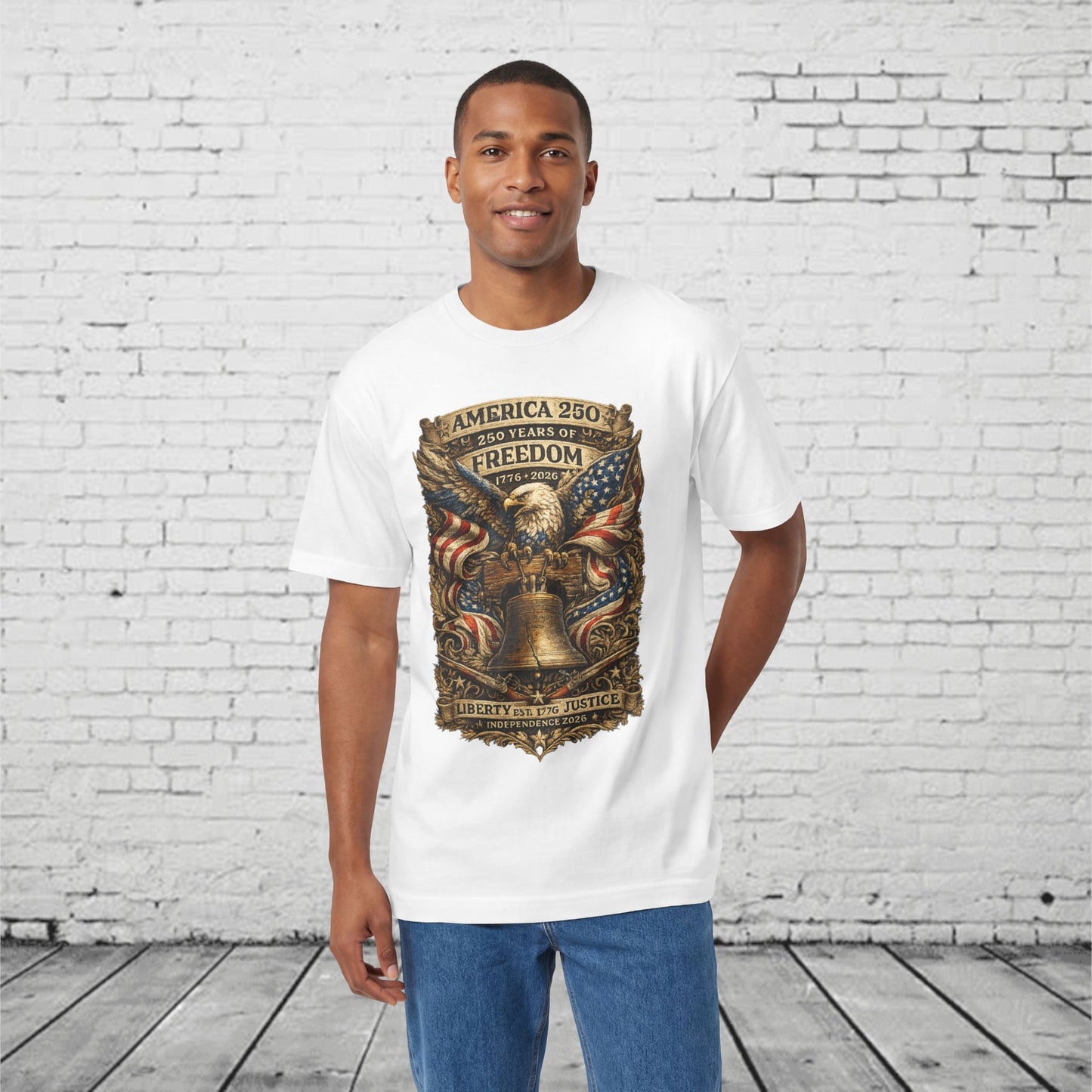 America 250 Liberty & Justice Patriotic T-Shirt | 250 Years of Freedom Eagle & Liberty Bell Graphic Tee | Independence Day 2026 Unisex Shirt