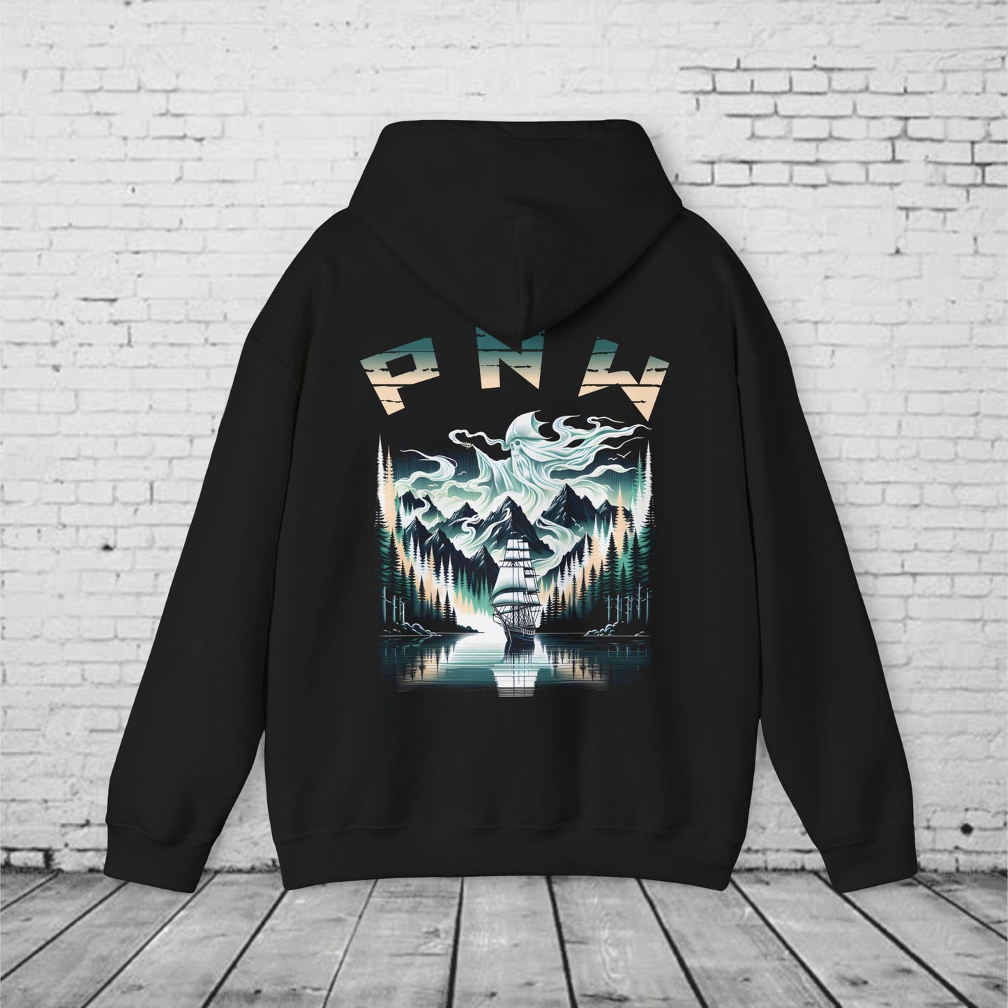 Pacific Northwest Hoodie – PNW Foggy Forest Sailing Ship Sweatshirt, Mystic Adventure Hoodie, Unisex Heavy Blend Pullover