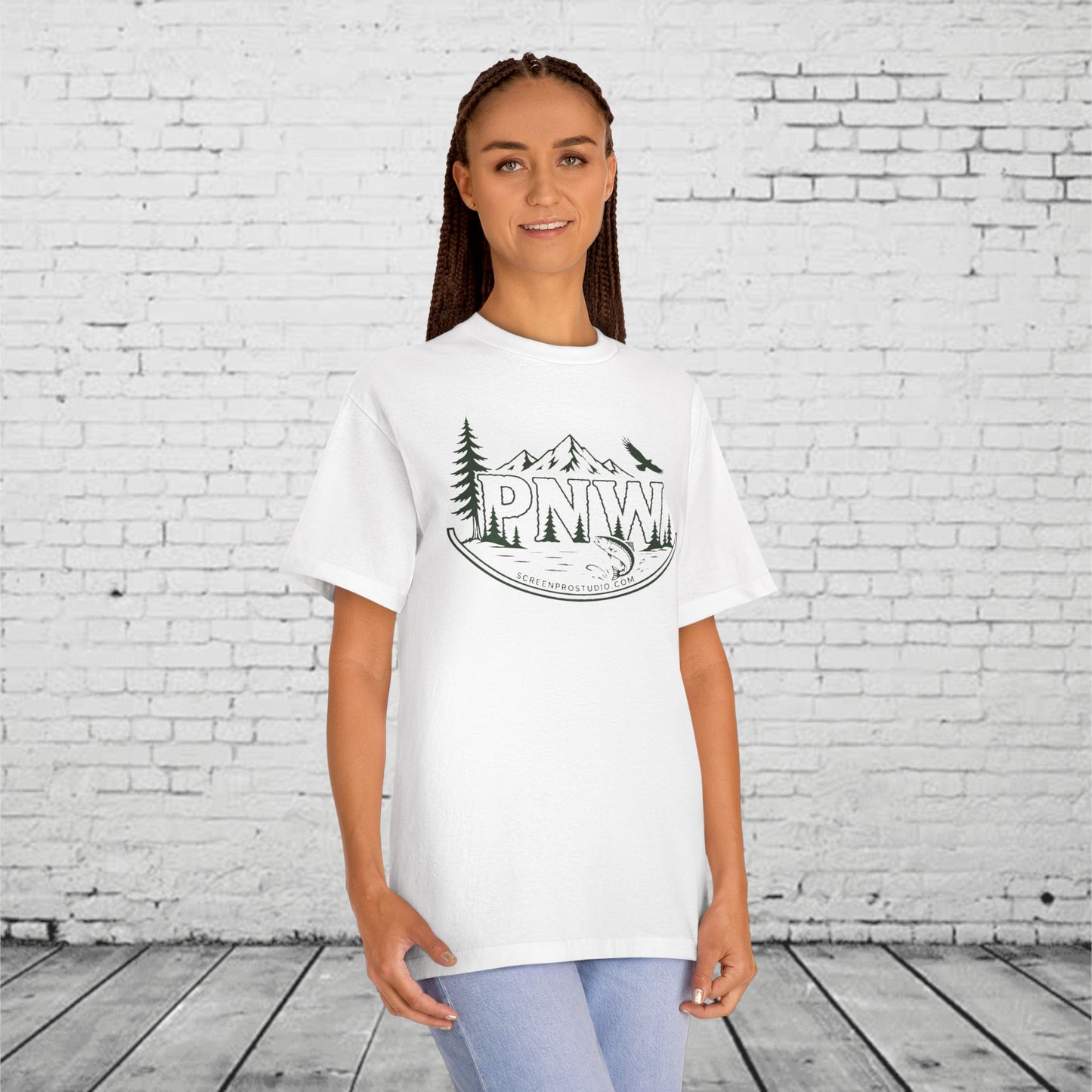 PNW Forest Badge T-Shirt | Pacific Northwest Mountain, Pine Tree & Salmon Graphic Tee