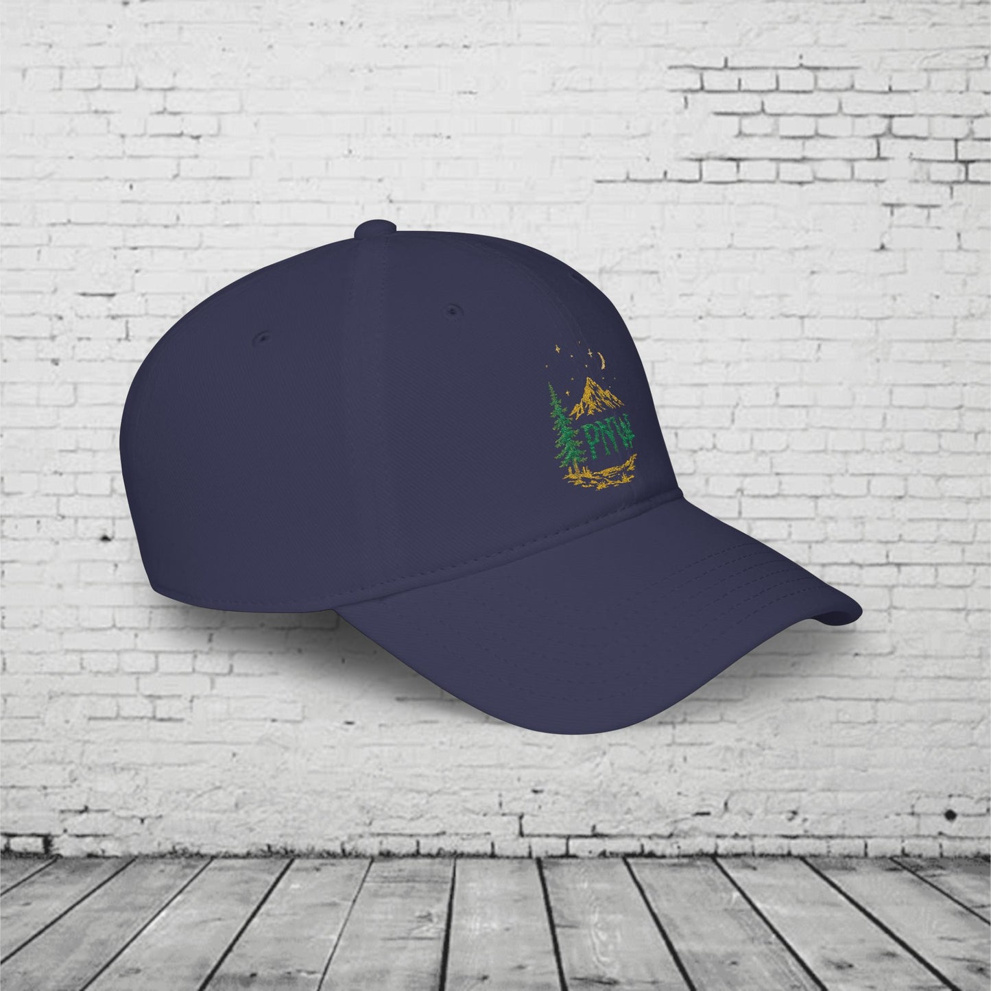 PNW Mountain & Pine Tree Baseball Cap | Pacific Northwest Outdoor Adventure Hat with Hidden Sasquatch