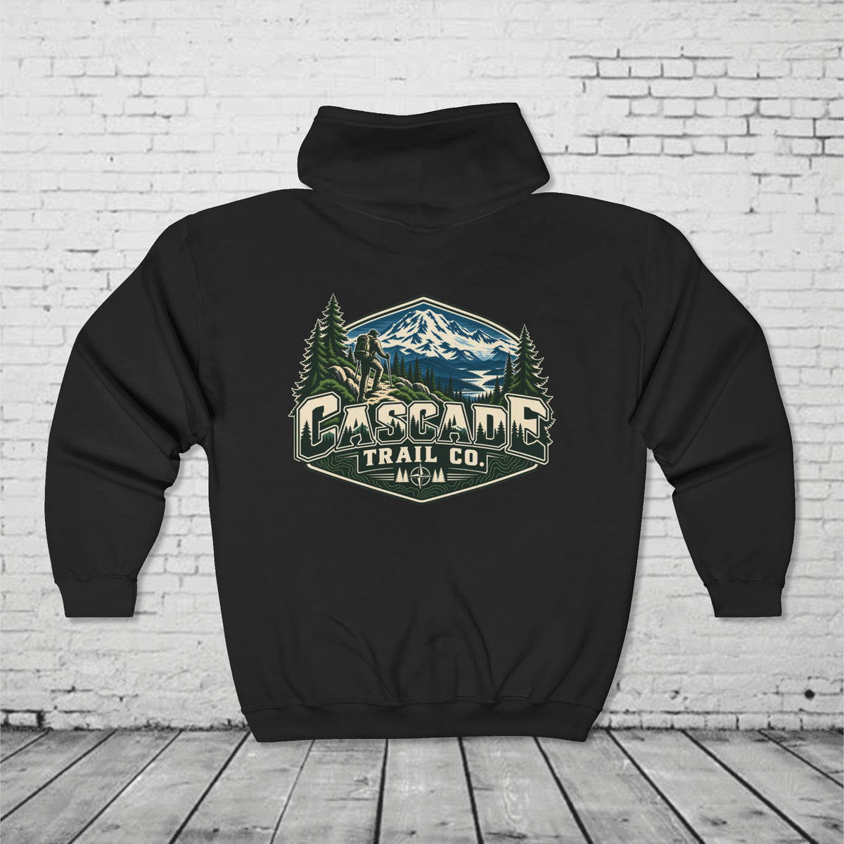 Cascade Trail Co. Full-Zip Hoodie – PNW Mountain Hiker Outdoor Back Graphic