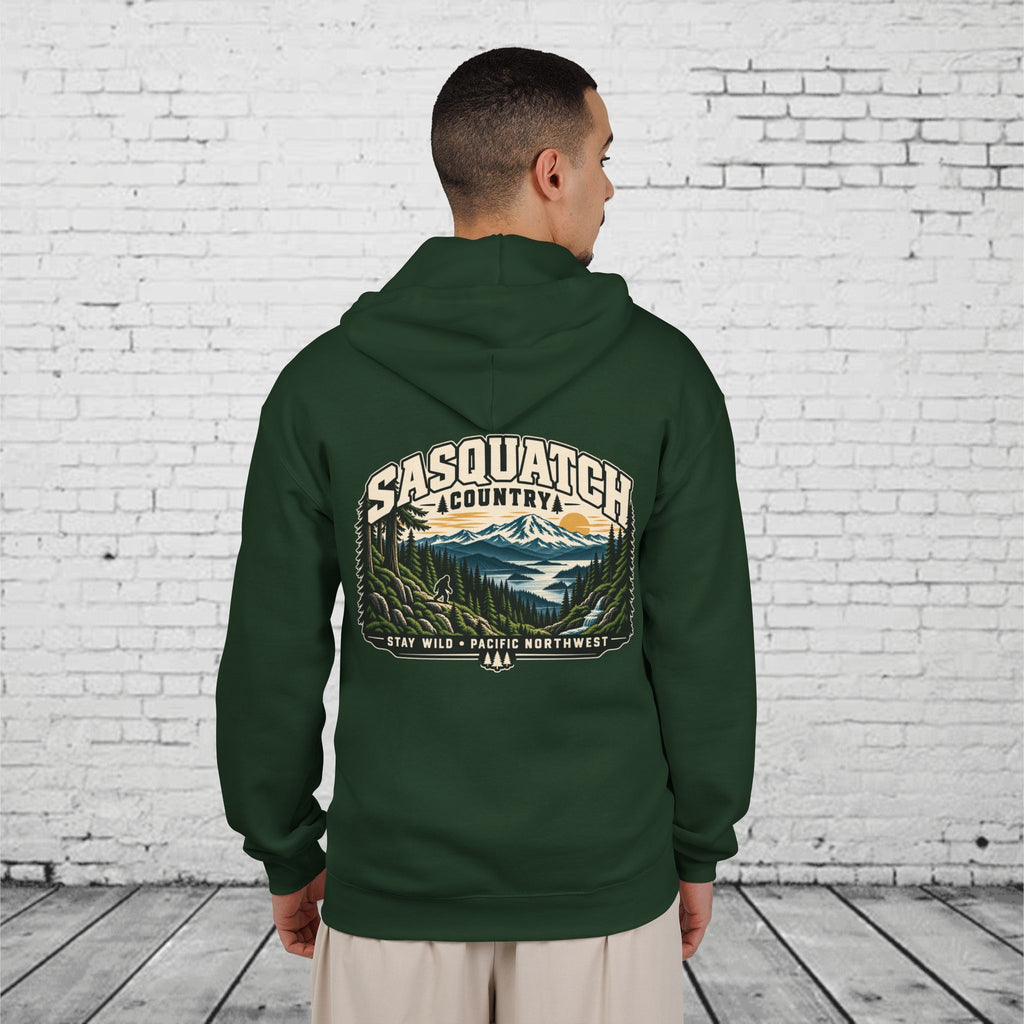 Sasquatch Country Full-Zip Hoodie – Stay Wild Pacific Northwest Bigfoot Back Graphic