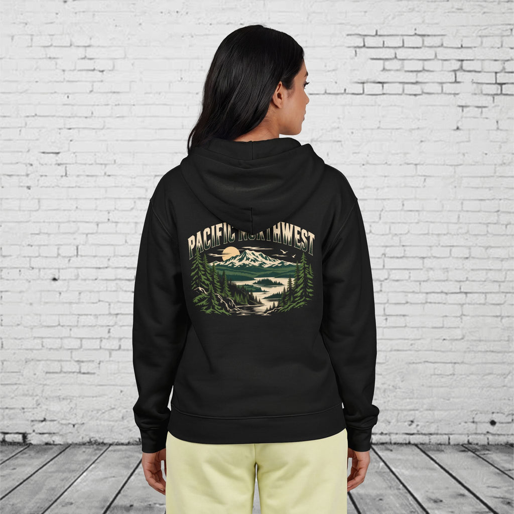 Pacific Northwest Mountain Lake Full-Zip Hoodie – PNW Evergreen Outdoor Back Graphic