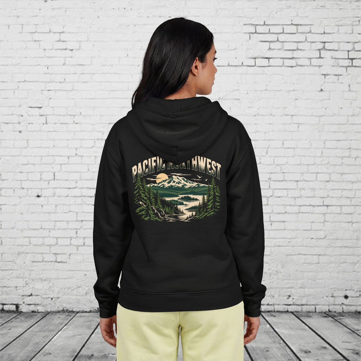 Pacific Northwest Mountain Lake Full-Zip Hoodie – PNW Evergreen Outdoor Back Graphic