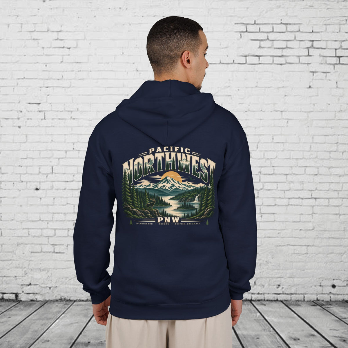 Pacific Northwest Wilderness Full-Zip Hoodie – PNW Mountain Elk Forest Back Graphic