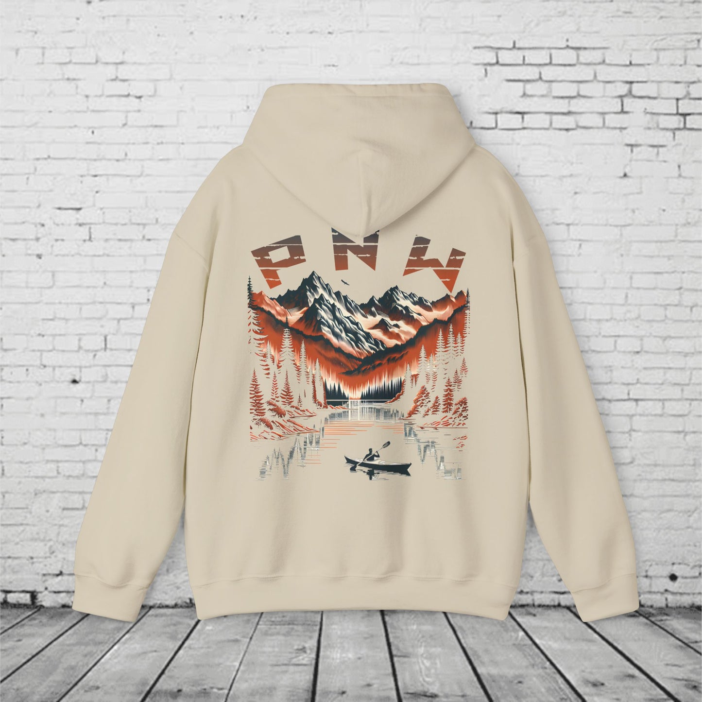 PNW Adventure Hoodie – Kayak & Mountain Wilderness Graphic, Pacific Northwest Unisex Sweatshirt