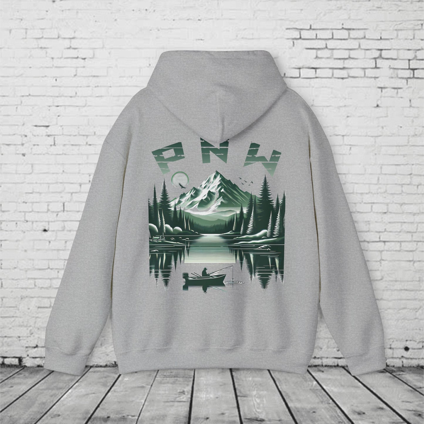PNW Fishing Hoodie – Scenic Mountain & Lake Graphic | Pacific Northwest Adventure Sweatshirt