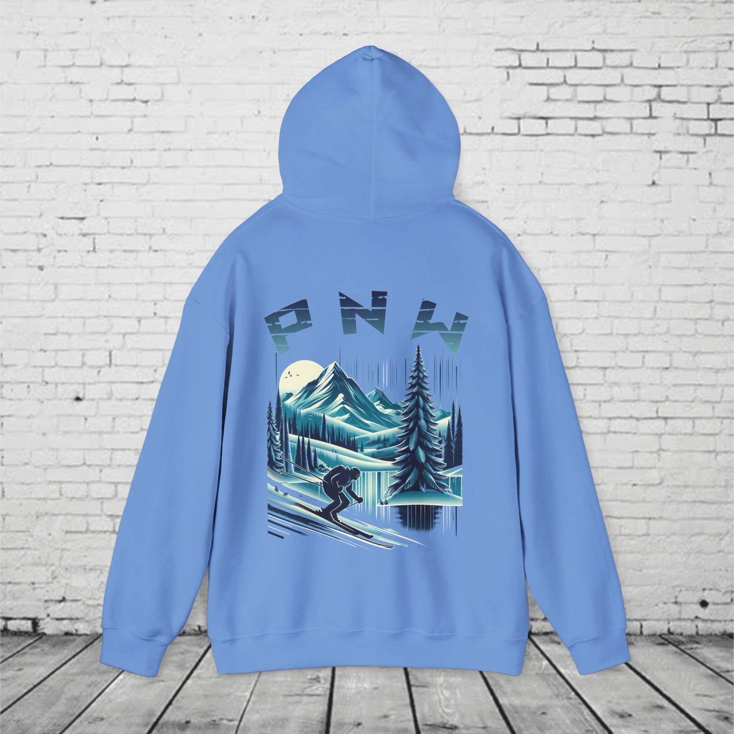 PNW Ski Hoodie – Retro Pacific Northwest Mountain Skiing Hoodie | Unisex Heavy Blend Winter Sweatshirt