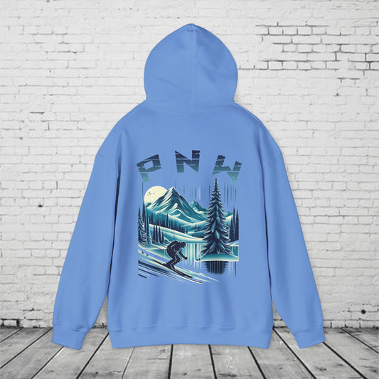 PNW Ski Hoodie – Retro Pacific Northwest Mountain Skiing Hoodie | Unisex Heavy Blend Winter Sweatshirt