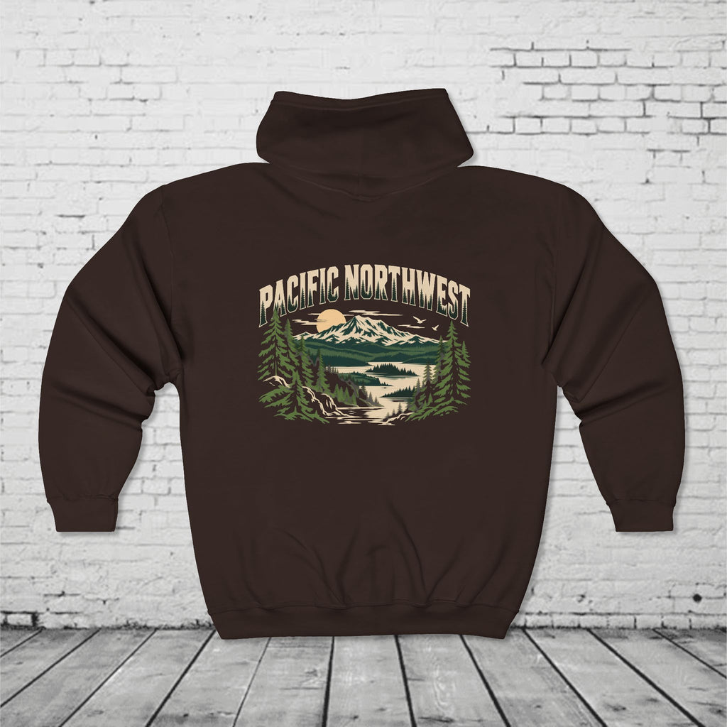 Pacific Northwest Mountain Lake Full-Zip Hoodie – PNW Evergreen Outdoor Back Graphic
