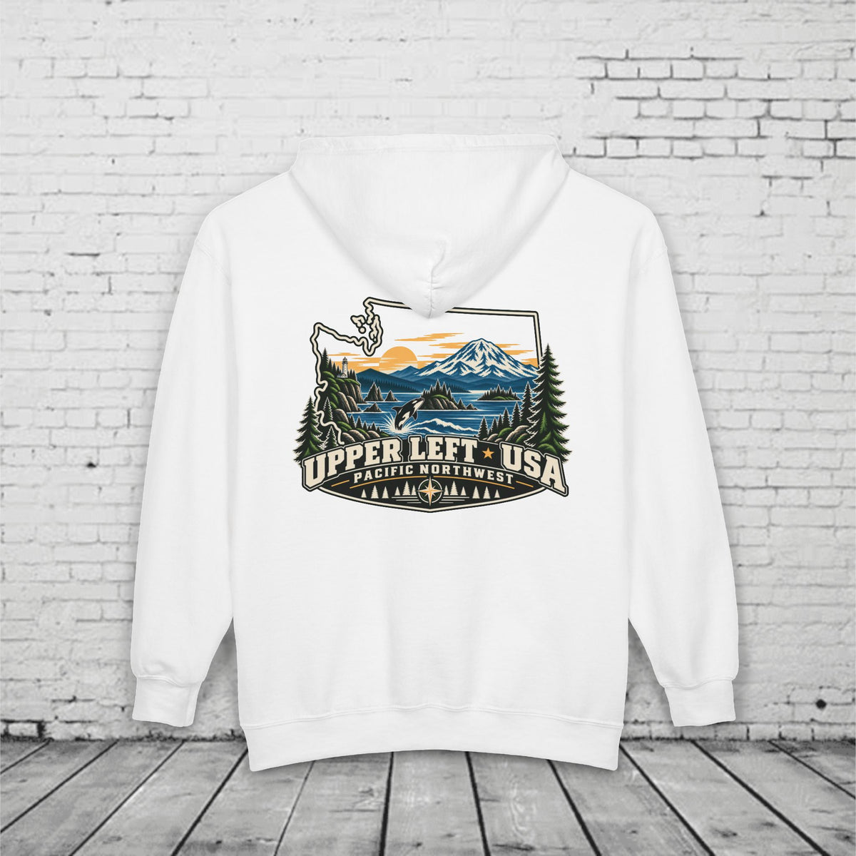 Upper Left USA Full-Zip Hoodie – Pacific Northwest Orca & Mountain Back Graphic