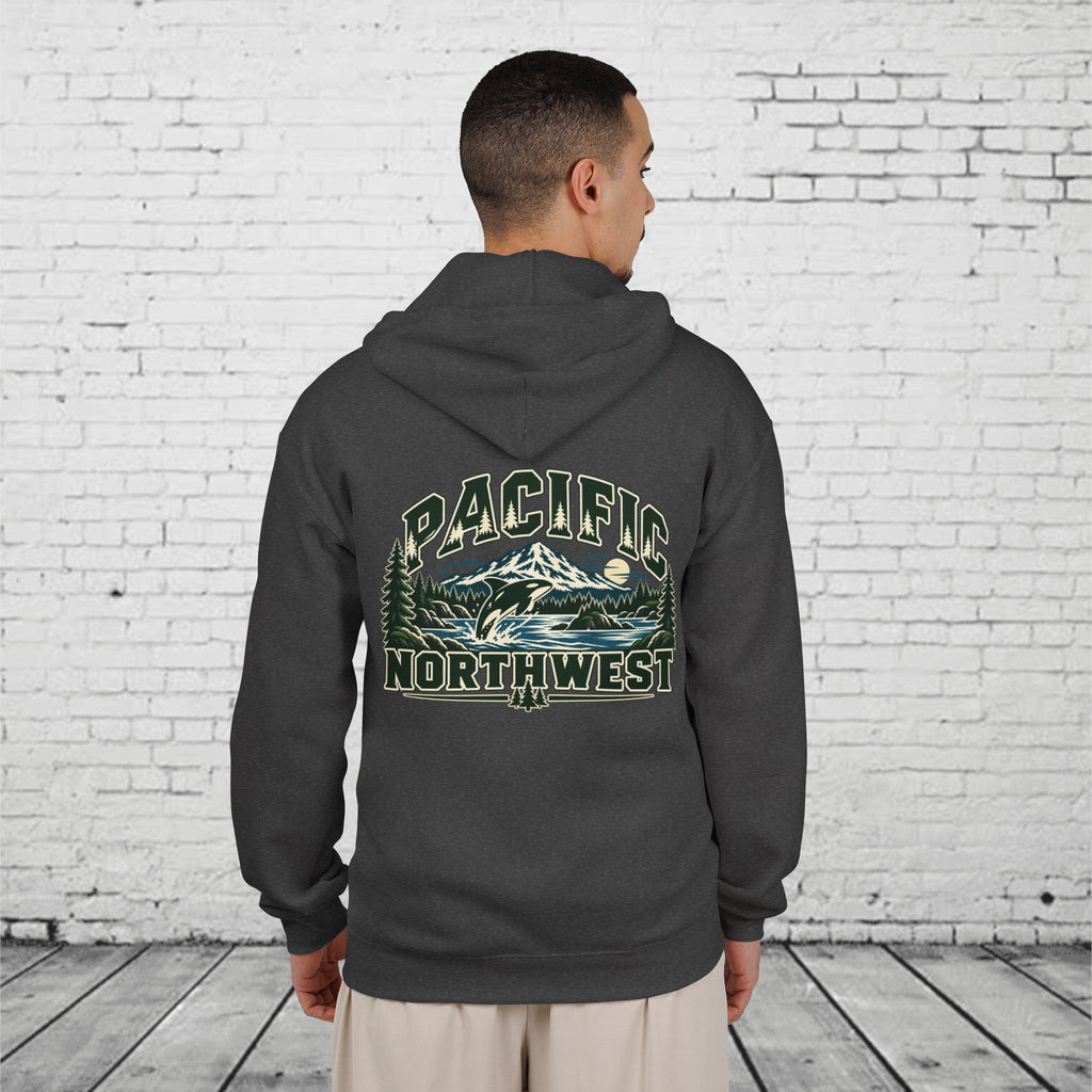 Wild Pacific Orca Full-Zip Hoodie – Pacific Northwest Mountain & Ocean Back Graphic