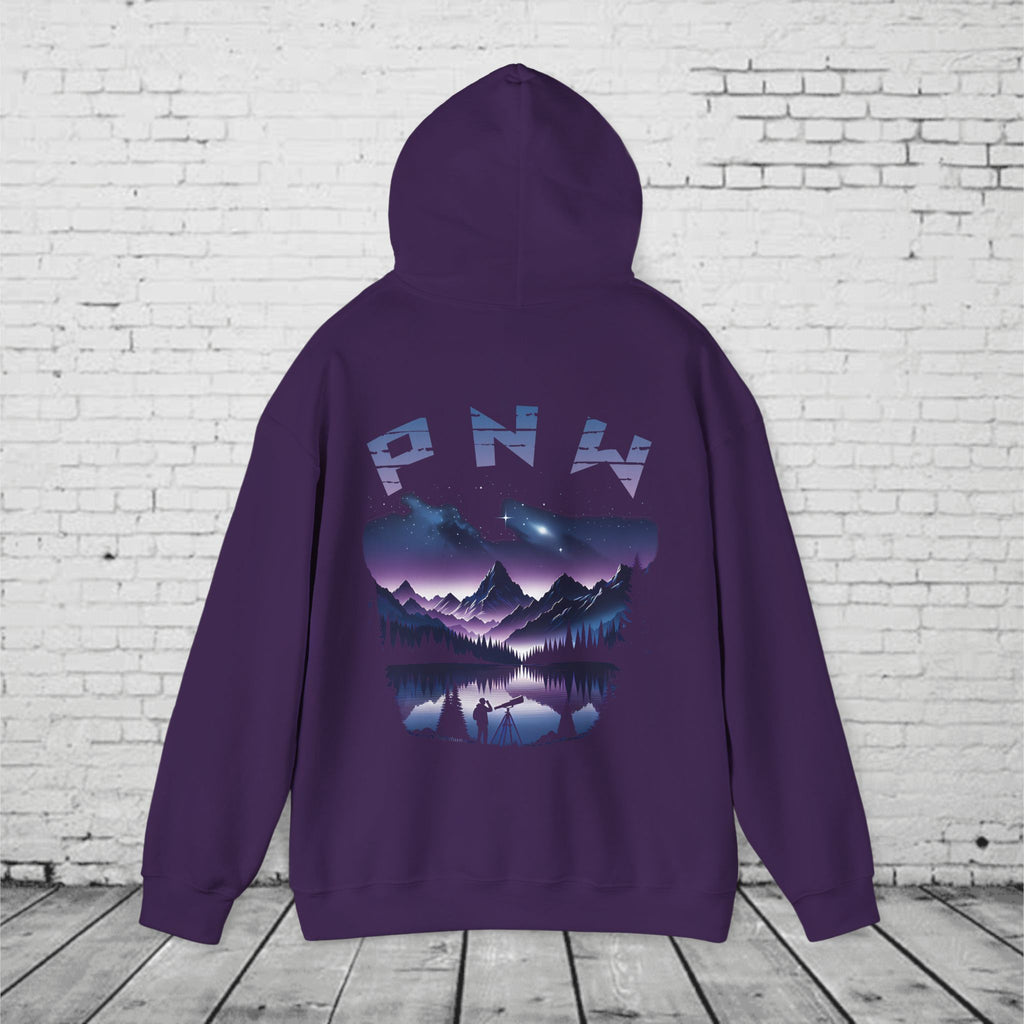 PNW Stargazer Hoodie – Pacific Northwest Night Sky Mountain Graphic, Astronomy Cosmic Unisex Pullover Sweatshirt