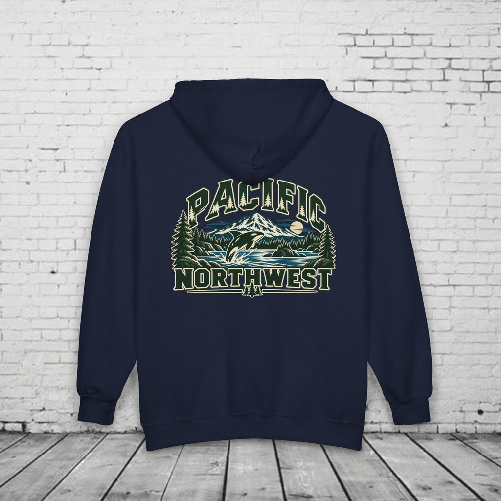 Wild Pacific Orca Full-Zip Hoodie – Pacific Northwest Mountain & Ocean Back Graphic