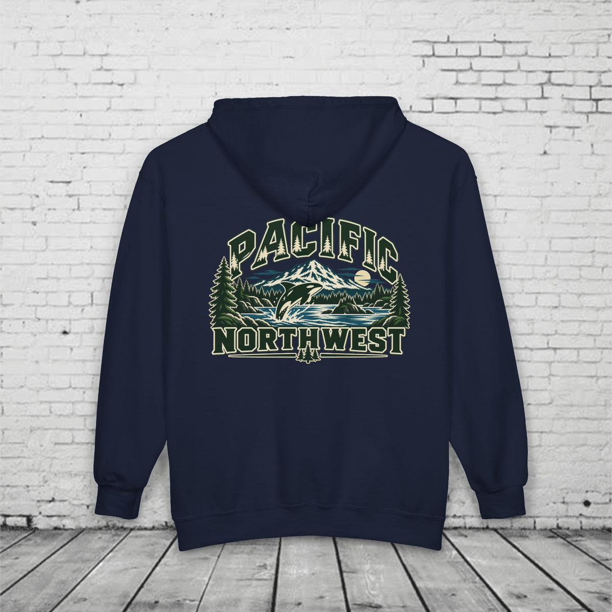 Wild Pacific Orca Full-Zip Hoodie – Pacific Northwest Mountain & Ocean Back Graphic