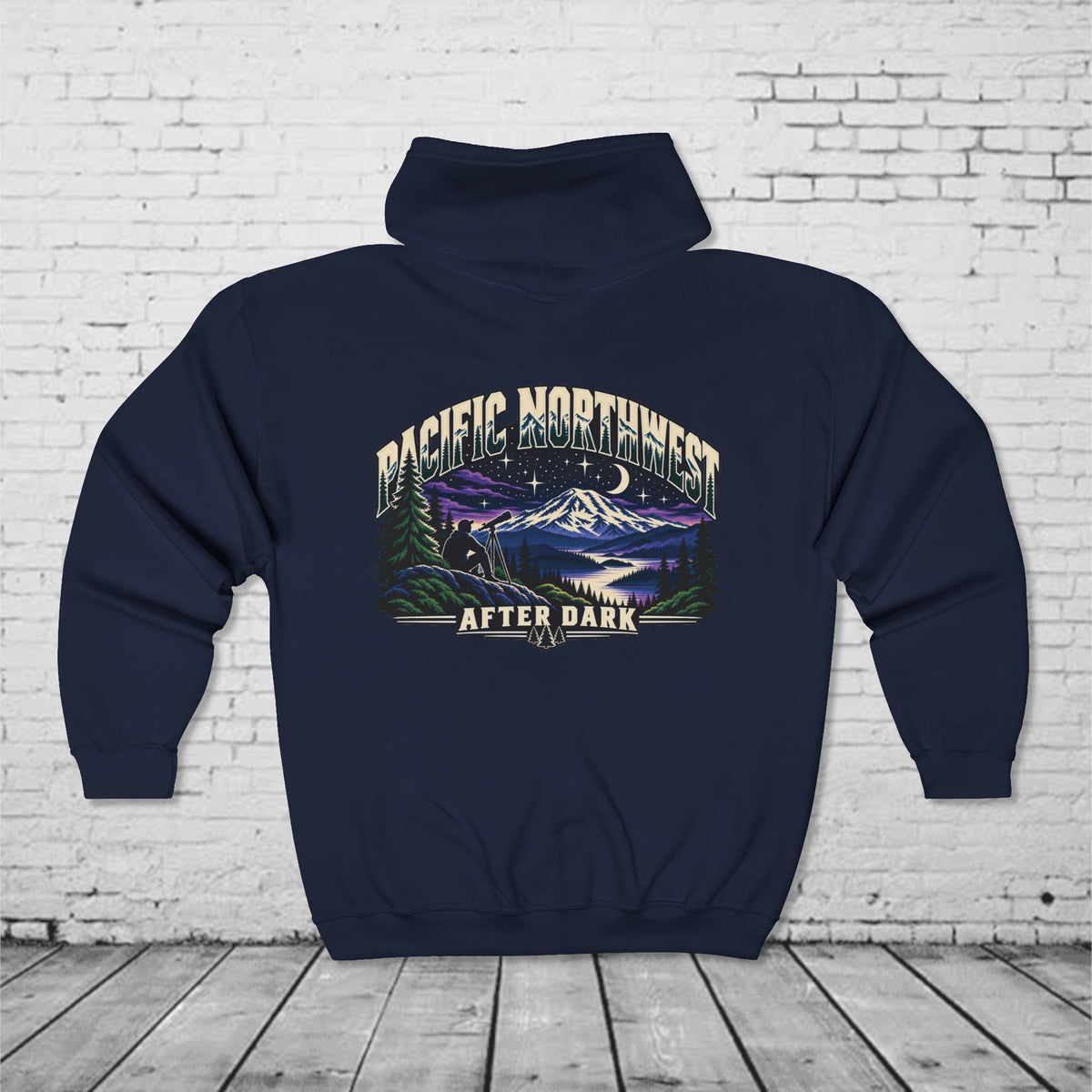 Pacific Northwest After Dark Full-Zip Hoodie – PNW Stargazer Mountain Back Graphic
