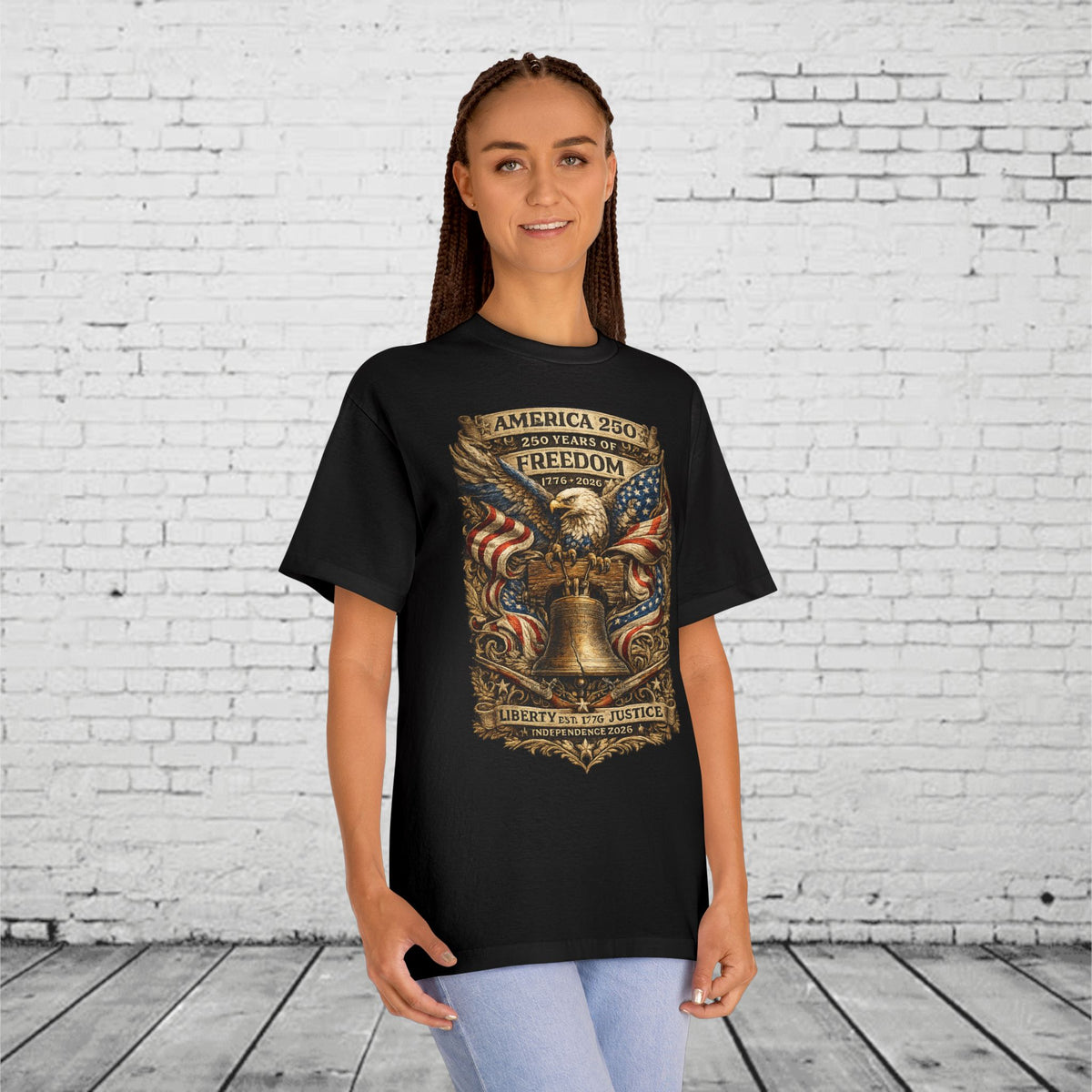 America 250 Liberty & Justice Patriotic T-Shirt | 250 Years of Freedom Eagle & Liberty Bell Graphic Tee | Independence Day 2026 Unisex Shirt