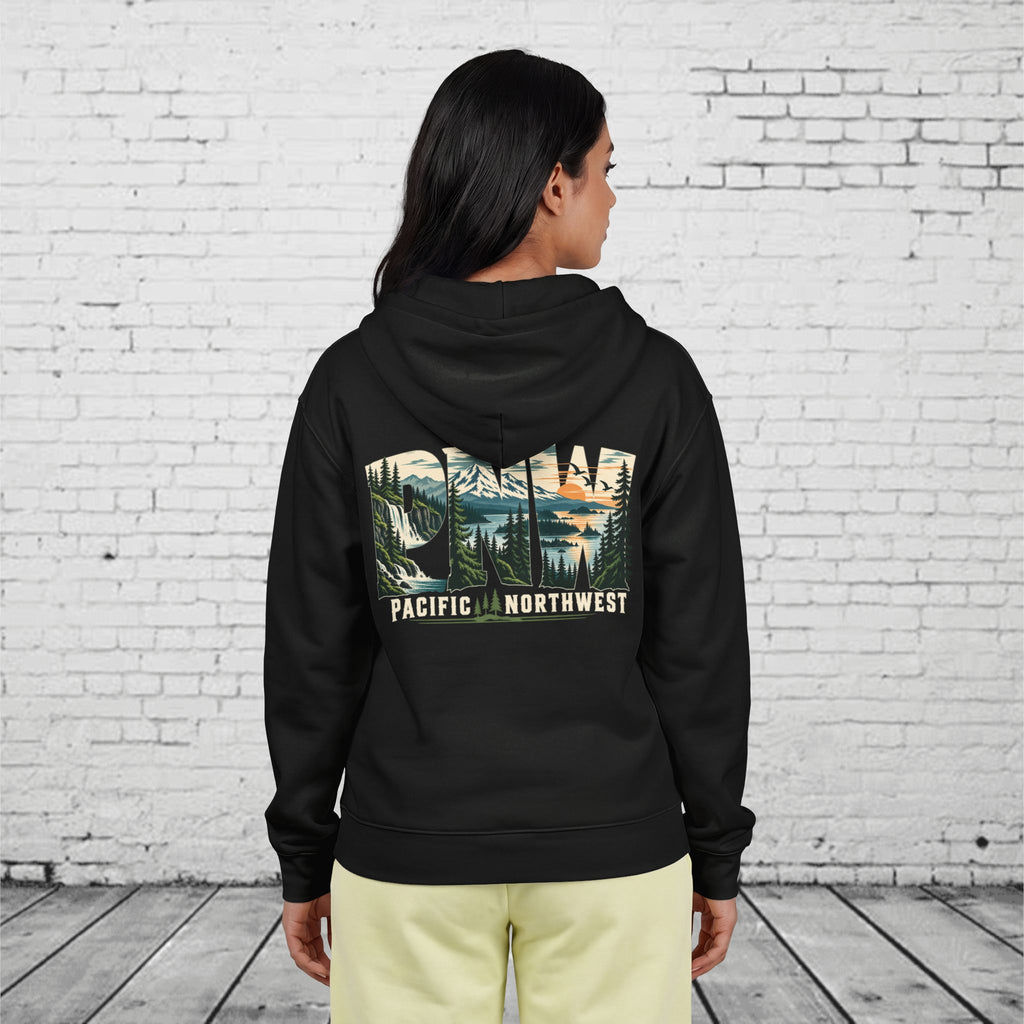 PNW Pacific Northwest Scenic Full-Zip Hoodie – Mountain Forest Waterfall Back Graphic
