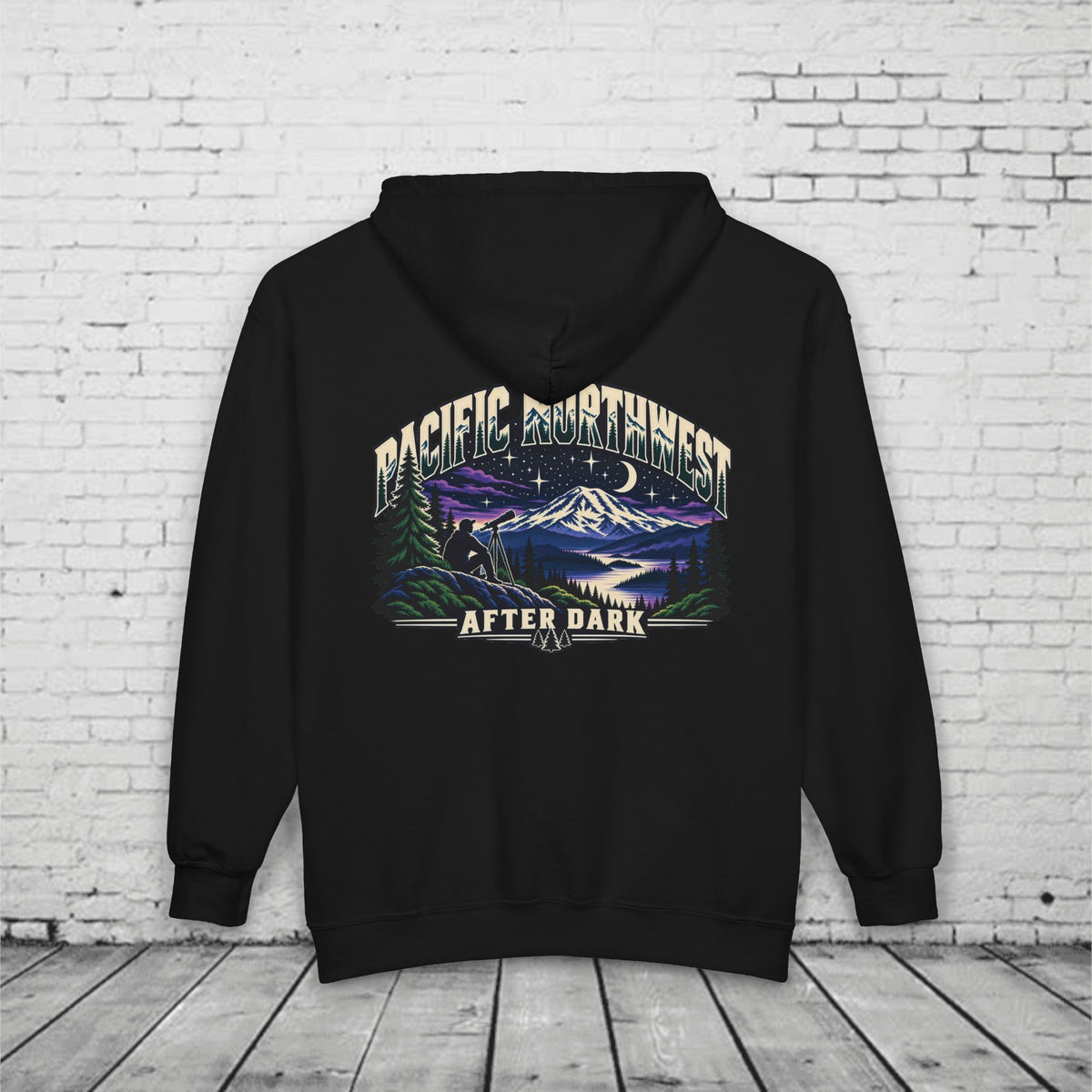 Pacific Northwest After Dark Full-Zip Hoodie – PNW Stargazer Mountain Back Graphic