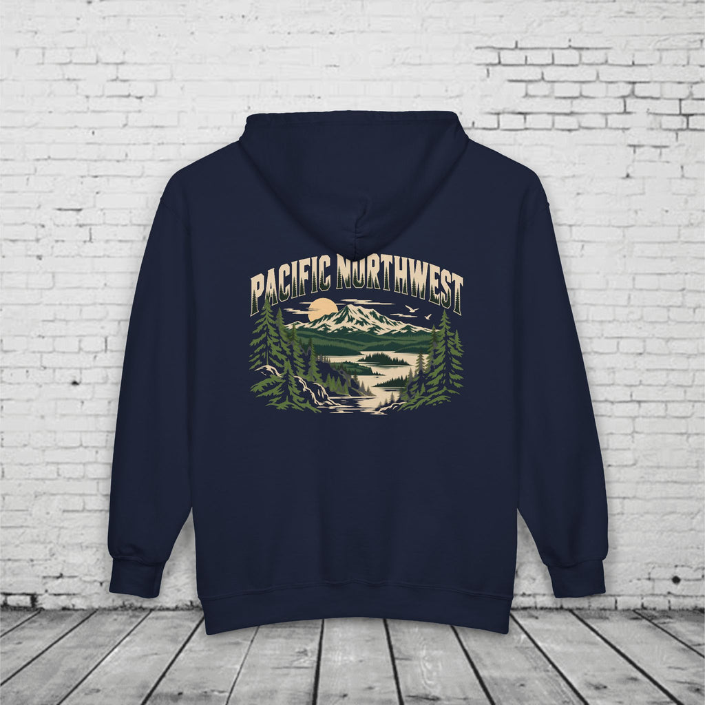 Pacific Northwest Mountain Lake Full-Zip Hoodie – PNW Evergreen Outdoor Back Graphic