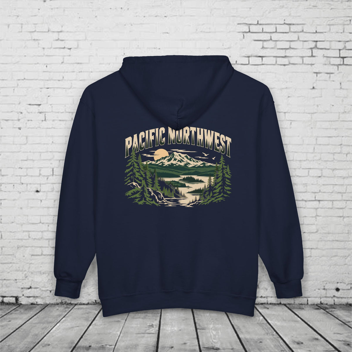 Pacific Northwest Mountain Lake Full-Zip Hoodie – PNW Evergreen Outdoor Back Graphic