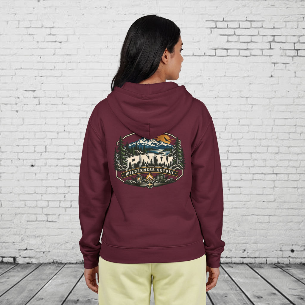 PNW Wilderness Supply Full-Zip Hoodie – Pacific Northwest Outdoor Adventure Back Graphic