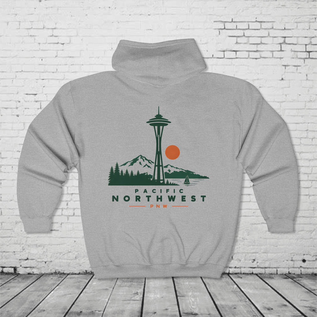 PNW Space Needle Full-Zip Hoodie – Pacific Northwest Mountain & Evergreen Sweatshirt