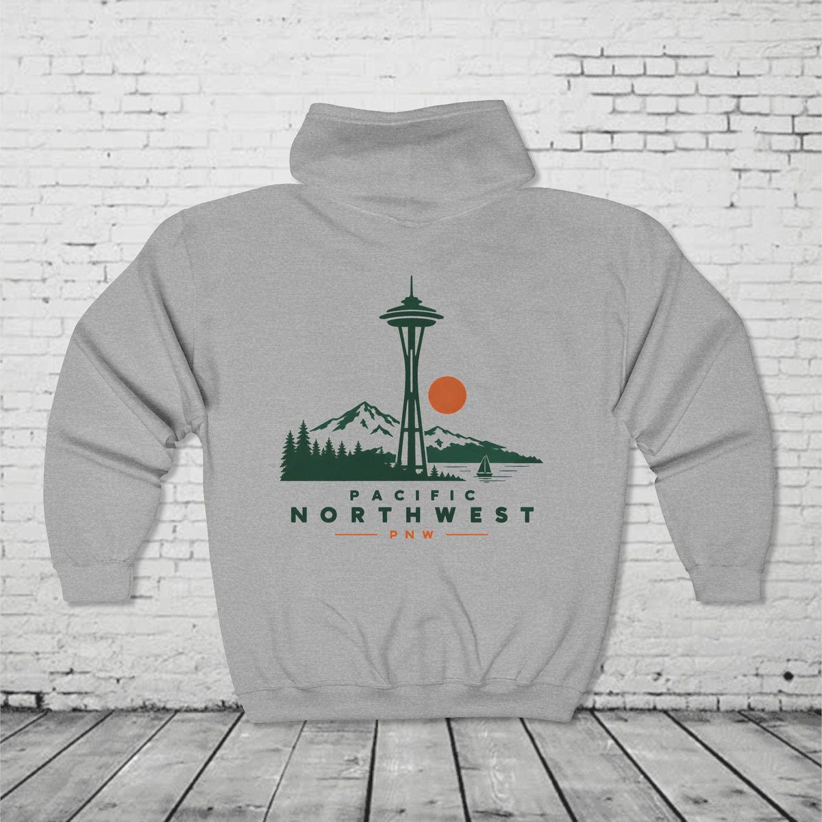 PNW Space Needle Full-Zip Hoodie – Pacific Northwest Mountain & Evergreen Sweatshirt