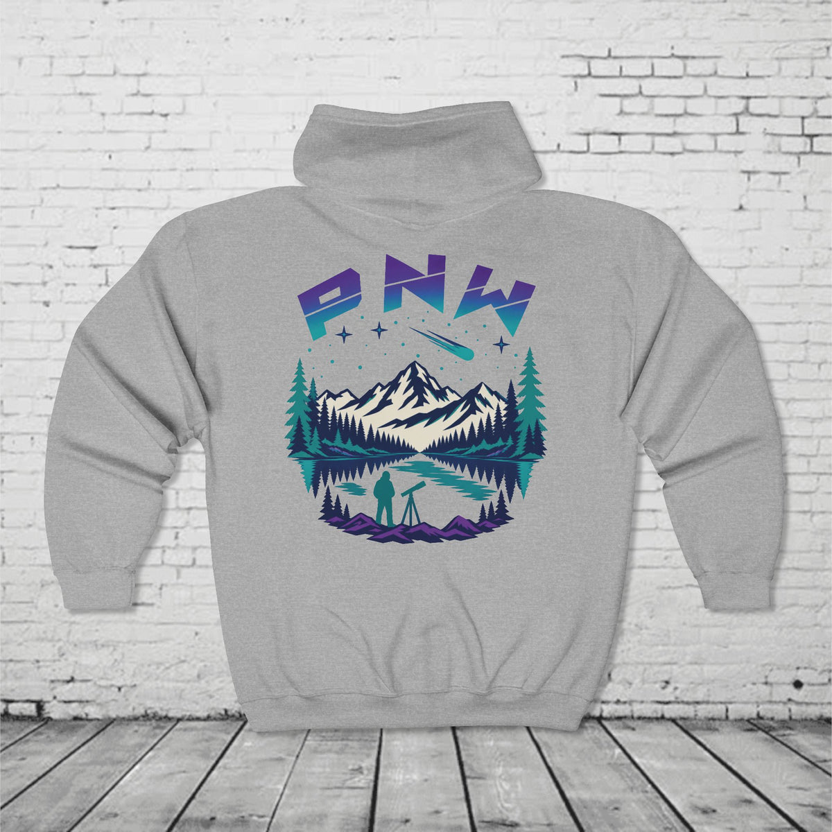 PNW Stargazer Full-Zip Hoodie – Pacific Northwest Mountain Night Sky Adventure Sweatshirt