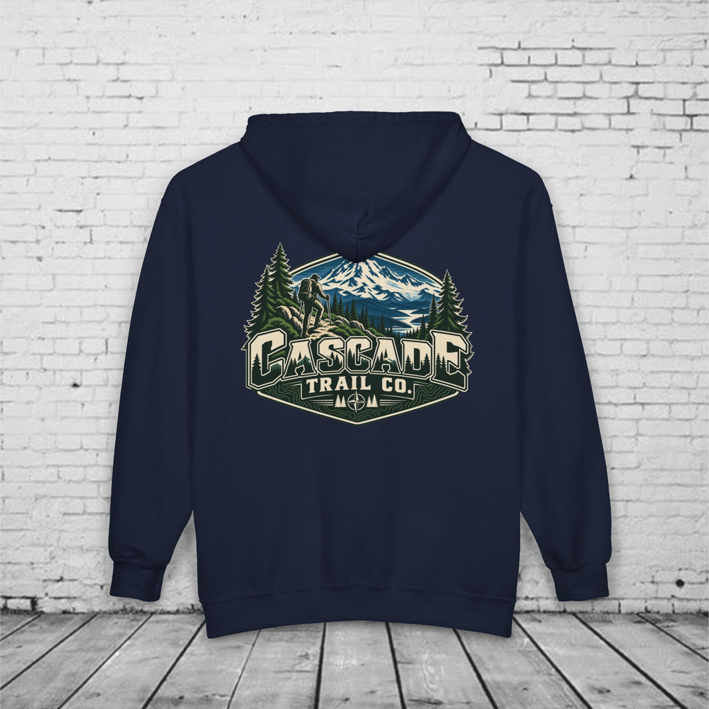 Cascade Trail Co. Full-Zip Hoodie – PNW Mountain Hiker Outdoor Back Graphic