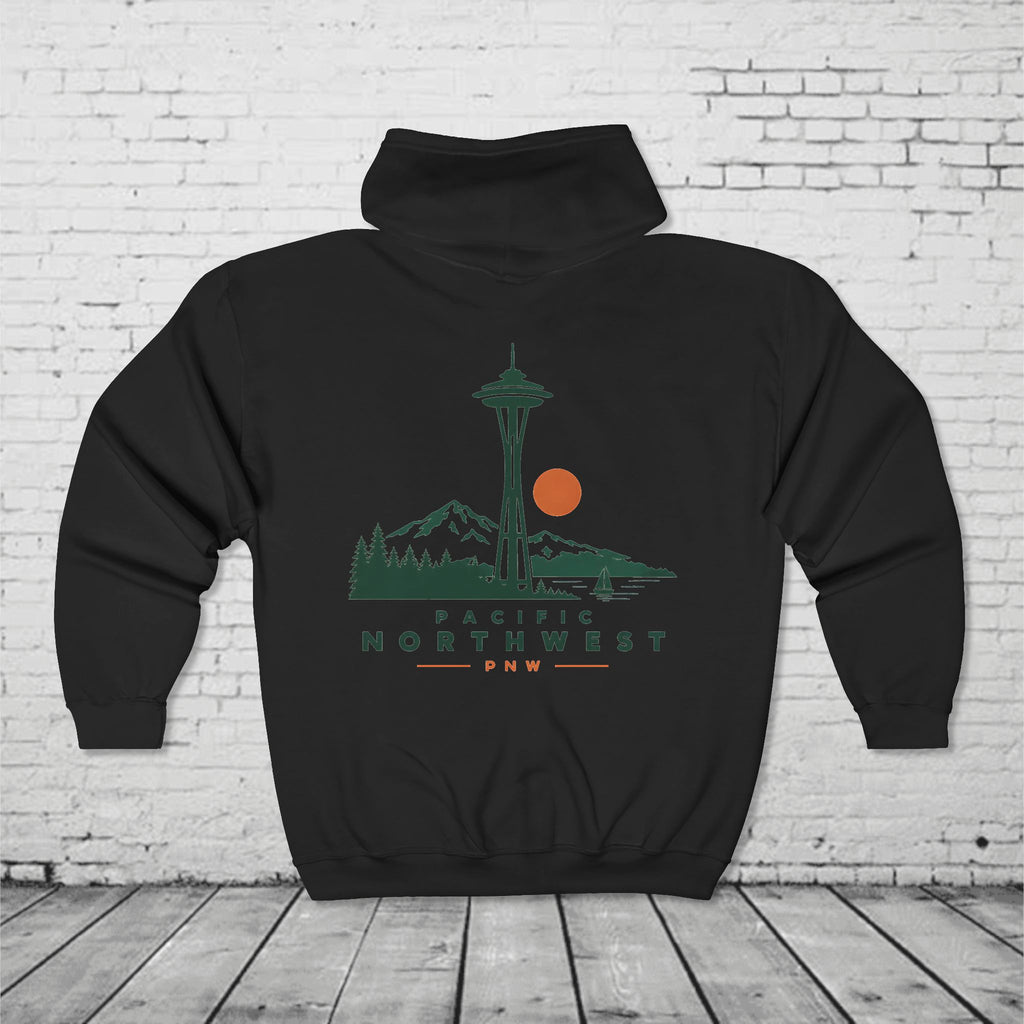 PNW Space Needle Full-Zip Hoodie – Pacific Northwest Mountain & Evergreen Sweatshirt