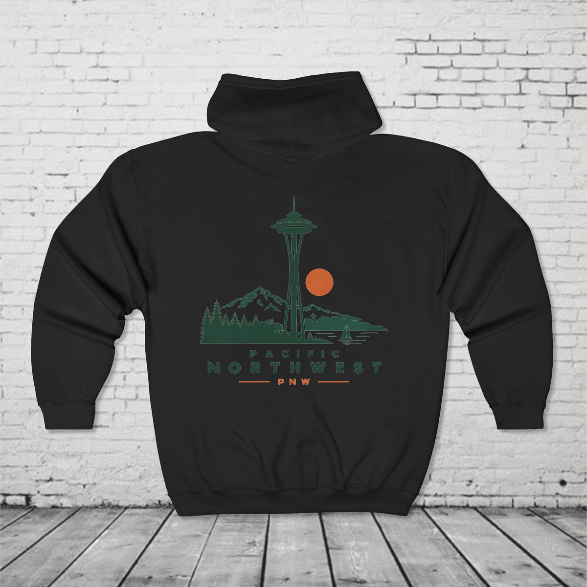 PNW Space Needle Full-Zip Hoodie – Pacific Northwest Mountain & Evergreen Sweatshirt