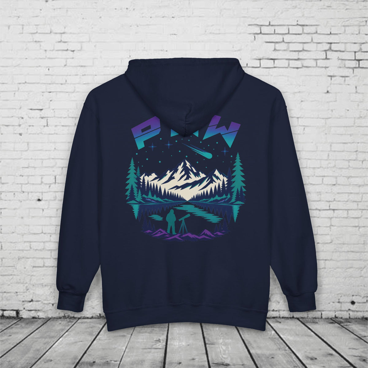 PNW Stargazer Full-Zip Hoodie – Pacific Northwest Mountain Night Sky Adventure Sweatshirt