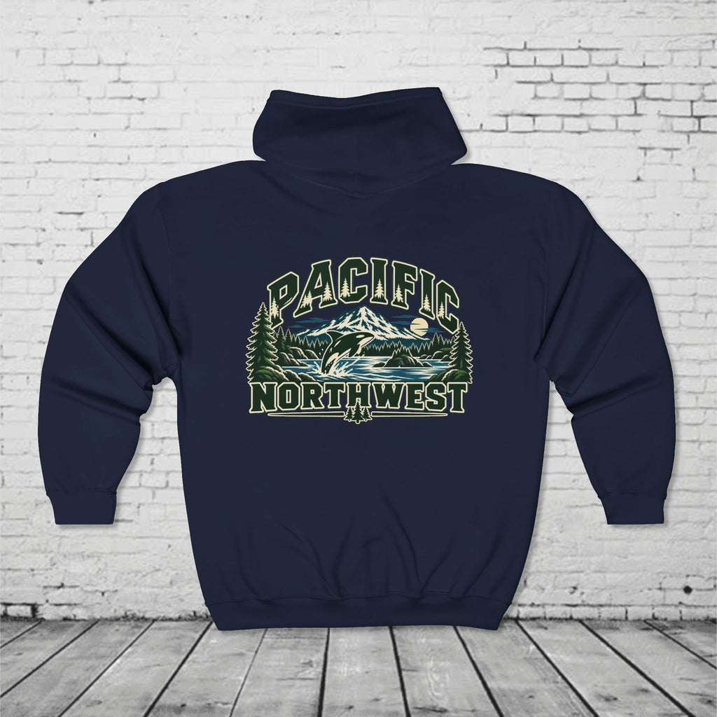 Wild Pacific Orca Full-Zip Hoodie – Pacific Northwest Mountain & Ocean Back Graphic